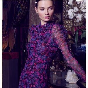 Misa Los Angeles Purple and Pink Bishop Sleeve Cocktail Gown